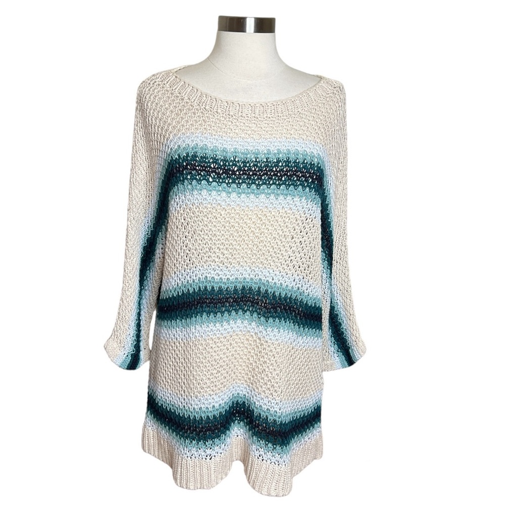 3/$30 J Jill Knit Sweater Womens Large Linen Tan Blue Ombre Striped Open Knit